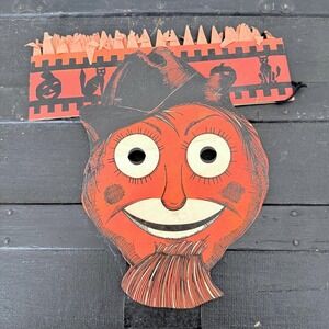 1940s Beistle Honeycomb Halloween Scarecrow Mask Cardboard Crepe Paper
